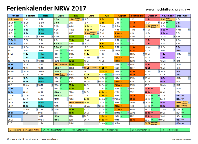 Schulferien und Feietage in Nordrhein-Westfalen 2017